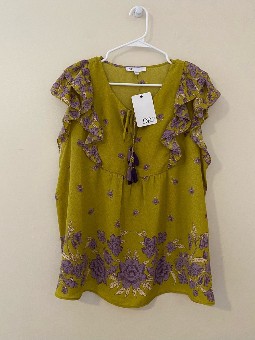 DR2 Boho Olive Green Top with Purple Floral Ruffle Sleeves XL
